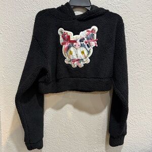 NWT Hot Topic Kuromi Lace Ribbon Cropped Fuzzy Fleece Hooded Pullover Size L